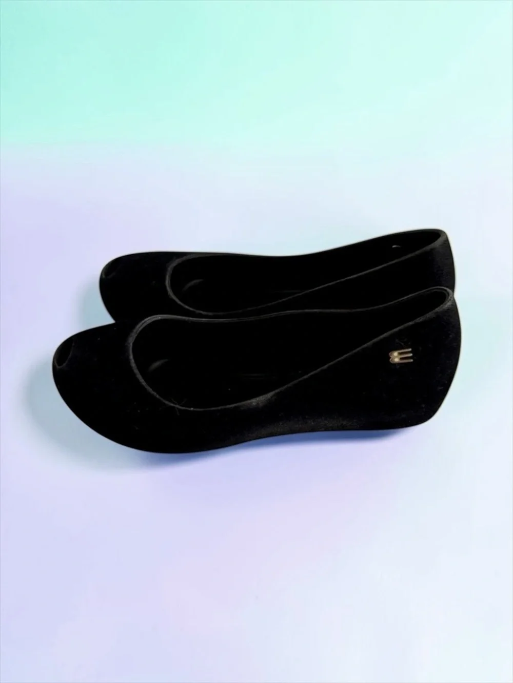 Mini Melissa Peep‑Toe Flats Black Velvet Matte Girls Size 13 Like New